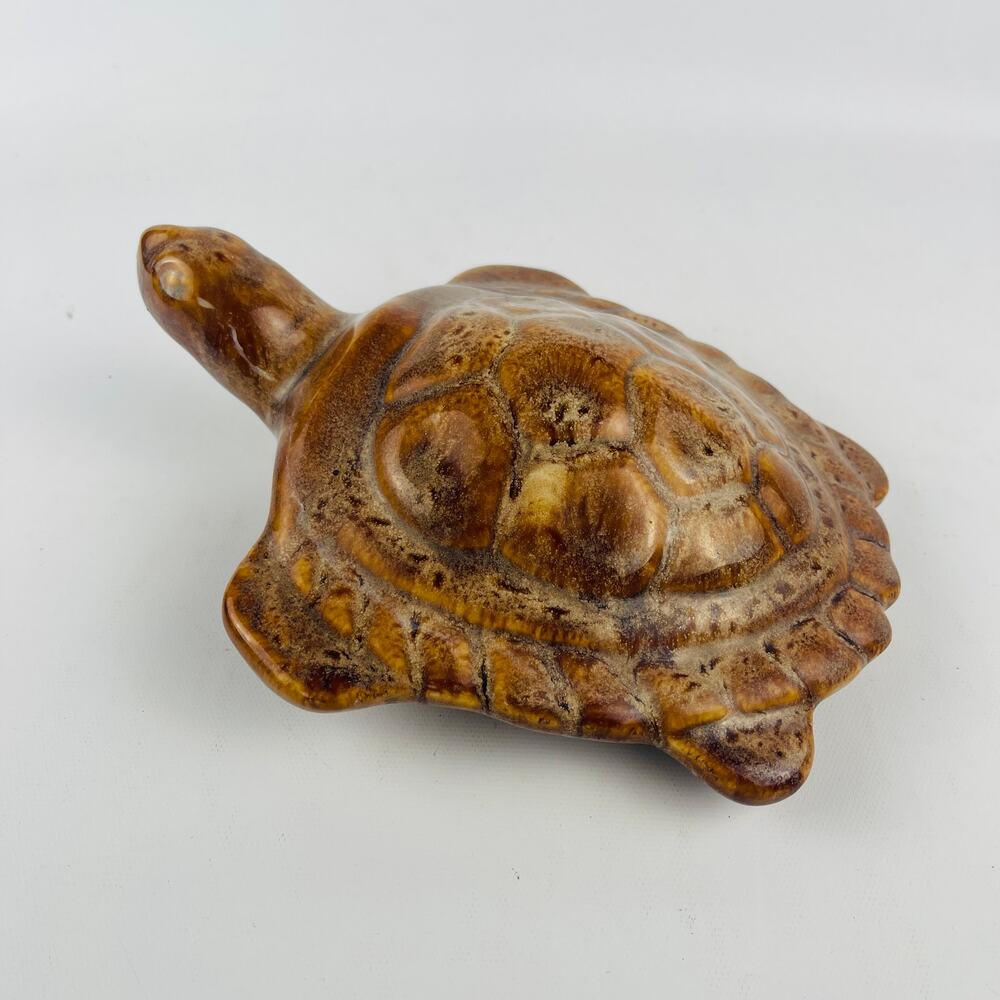 Large Glazed Ceramic Brown Turtle Figurine 8 1/4 x 6 1/2”